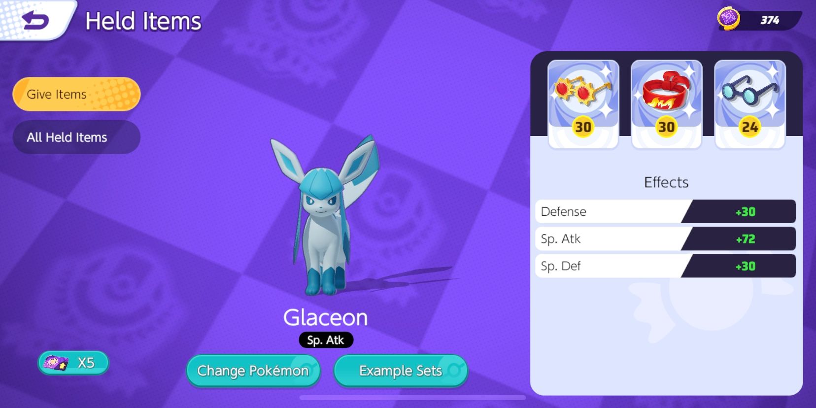Glaceon's Held Item selection screen, with Choice Specs, Wise Glasses, and Focus Band selected