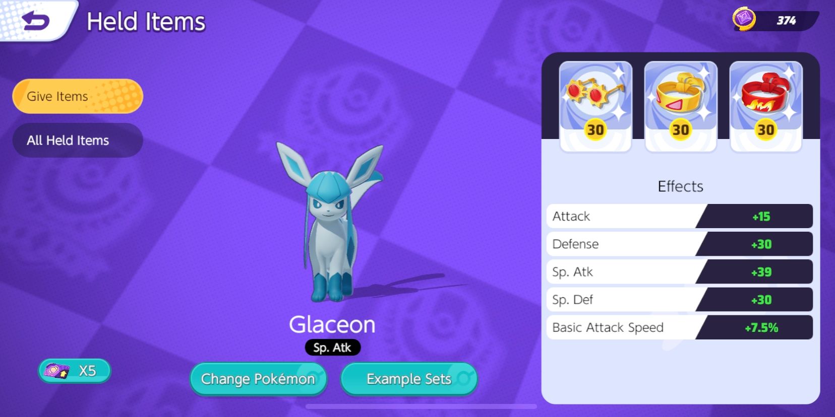 Glaceon's Held Item selection screen, with Choice Specs, Muscle Band, and Focus Band selected