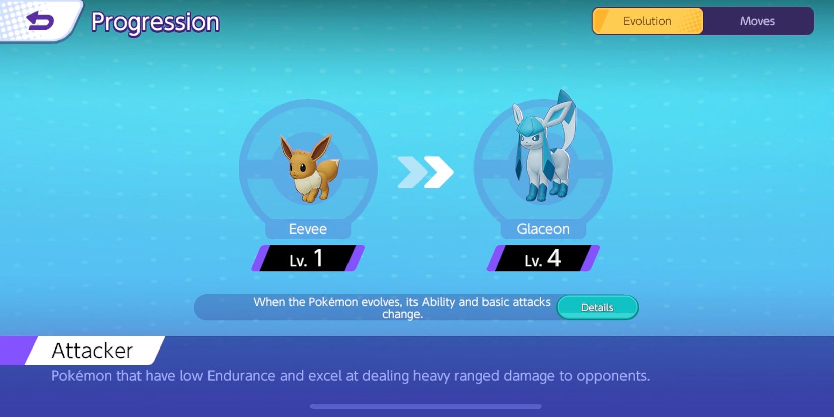 Glaceon progression screen from Pokemon Unite, showing that it evolves at level four