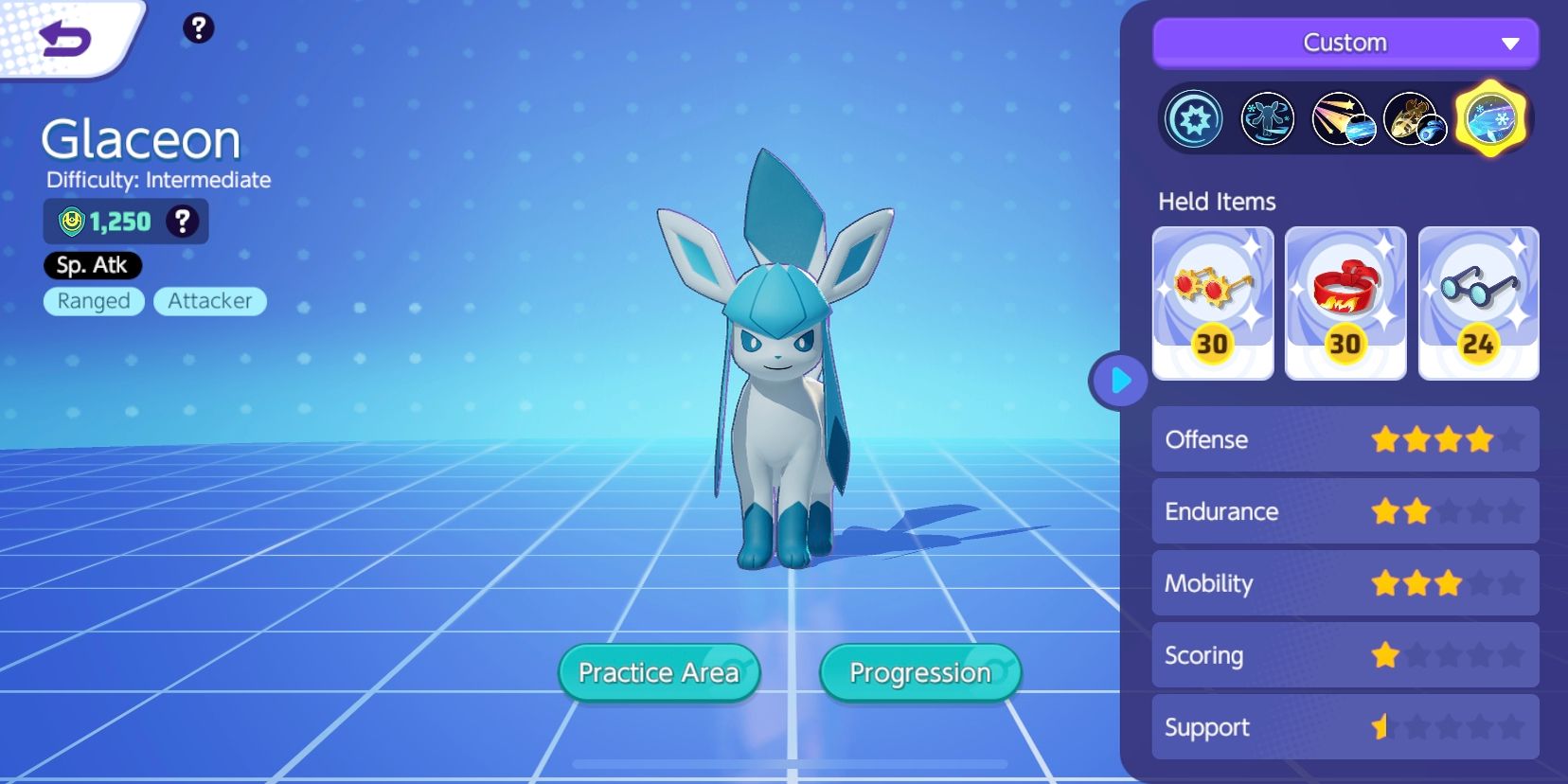 Glaceon from Pokemon Unite's Pokemon selection screen, showing its Held Items and stats