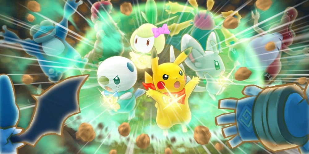 Pokemon Mystery Dungeon Gates to Infinity, Pikachu and oshawott fighting other Pokemon with force shields around them.