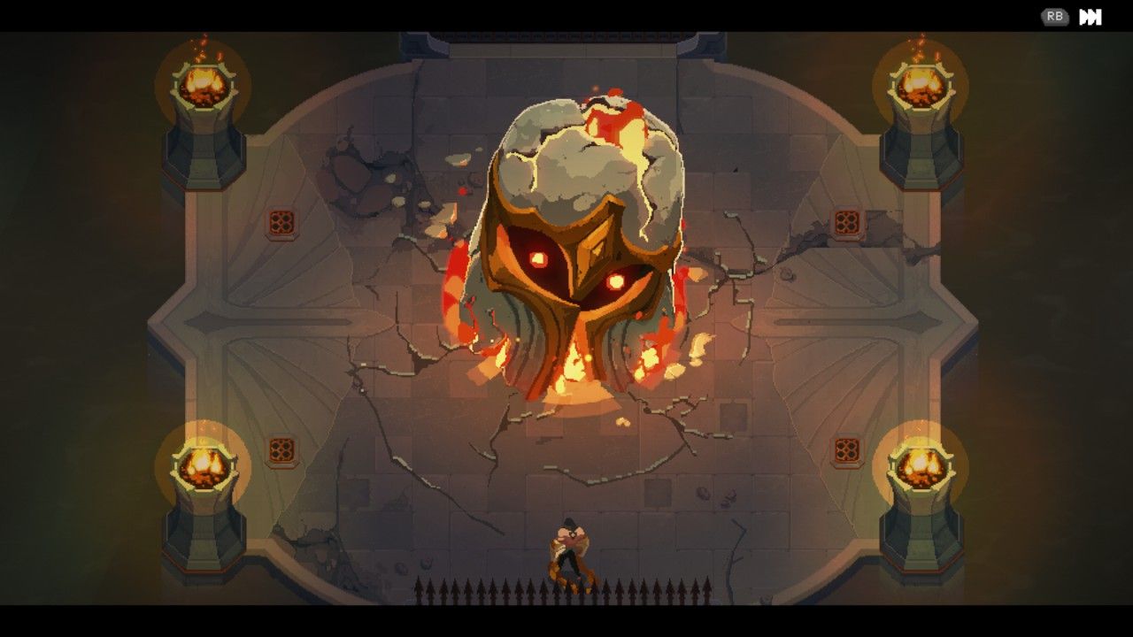Sylas approaches the Giant's Helm, which activates its fire powers in The Mageseeker: A League Of Legends Story.