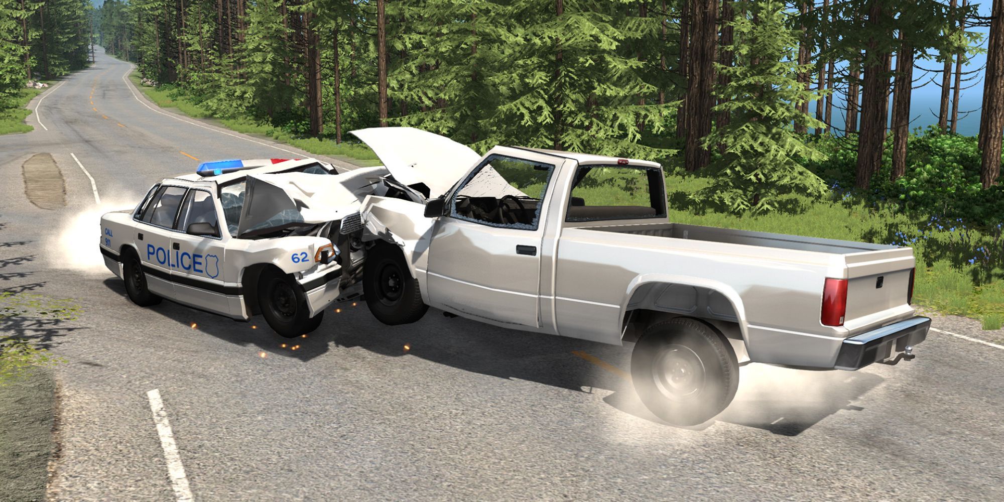 A Police Car and a Pickup Truck crashing on a forest road