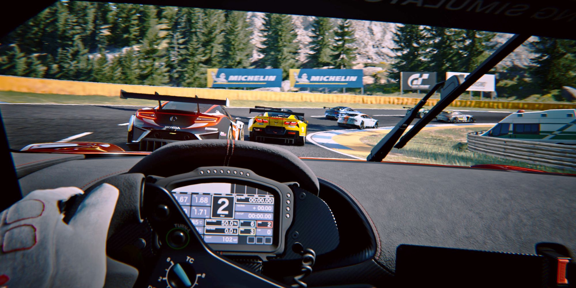 Racing from the drivers seat in VR in Gran Turismo 7.