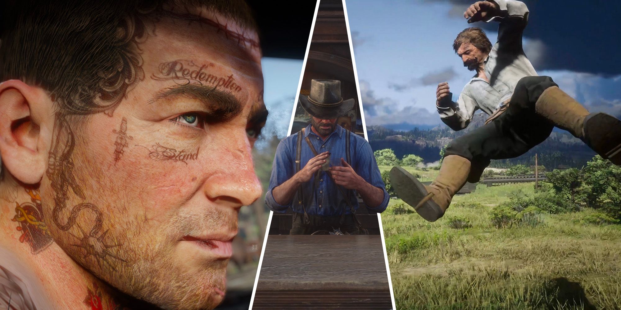 read dead redemption 2 face tattoo mod, arthur morgan working at the bar and an npc flying in the air