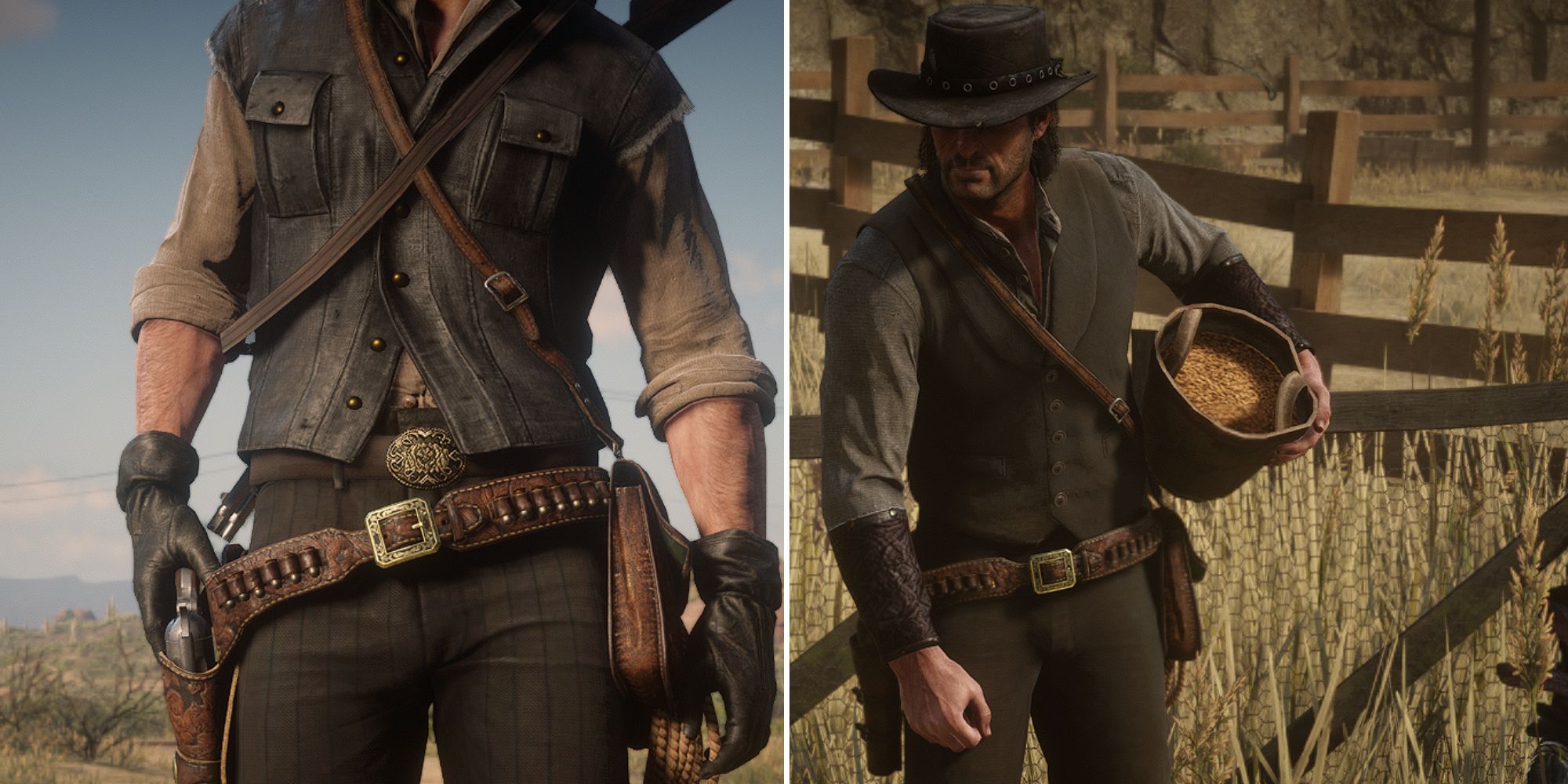A split image from Red Dead Redemption 2, which features reshaded outfits for Arthur Morgan and John Marston