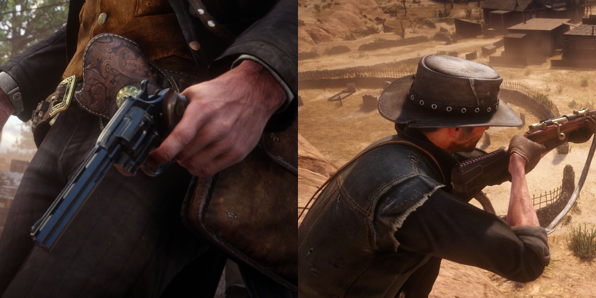 A split image of Arthur wielding a revolver and a rifle in Red Dead Redemption 2, each modified from mods. 