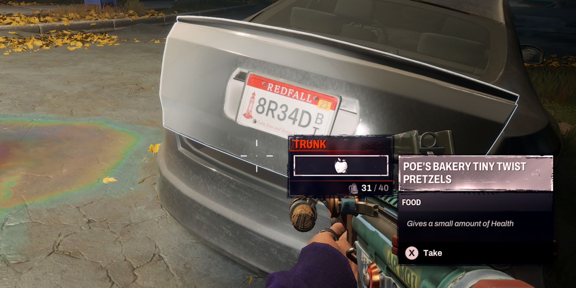 Redfall Screenshot Of A Pretzel In Car Trunk