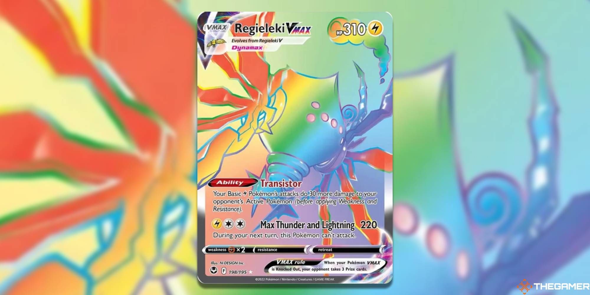 Regieleki VMAX Rainbow Rare from Pokemon TCG with a blurred background