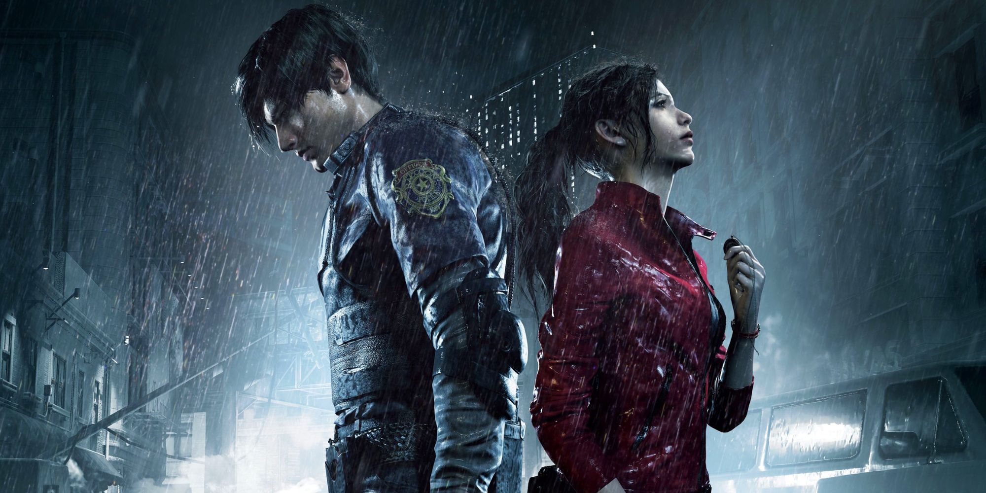 Leon S. Kennedy and Claire Redfield stand in Raccoon City while it rains in Resident Evil 2 Remake.