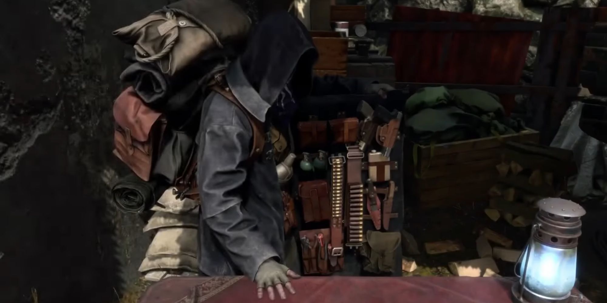 The Resident Evil 4 Remake Merchant reveals his wears behind a table