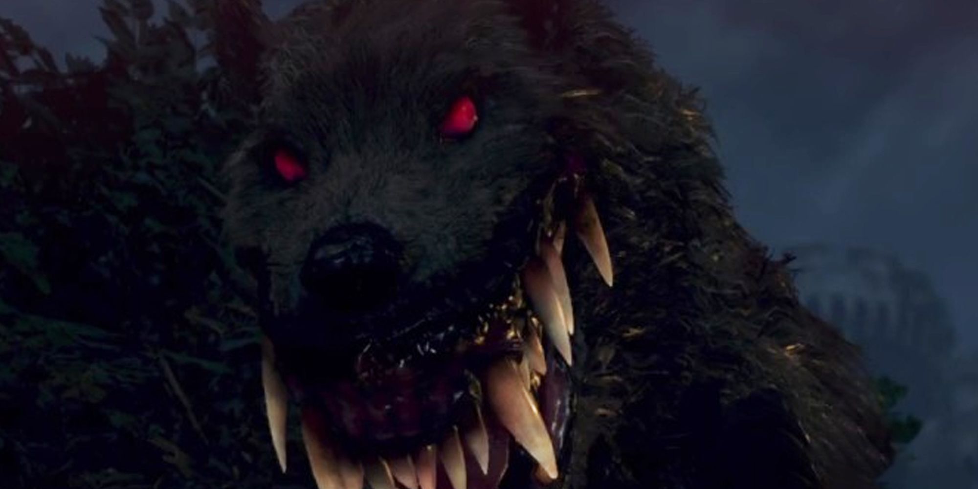 Resident Evil 4 Remake wolf enemy grinning with giant teeth and bright red eyes