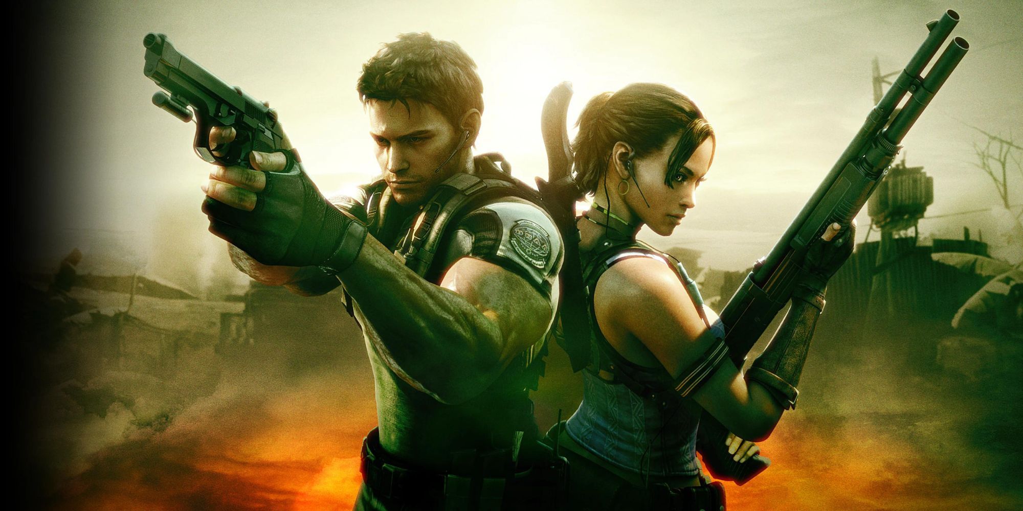 Chris Redfield and Sheva Alomar stand beside each other in Resident Evil 5.