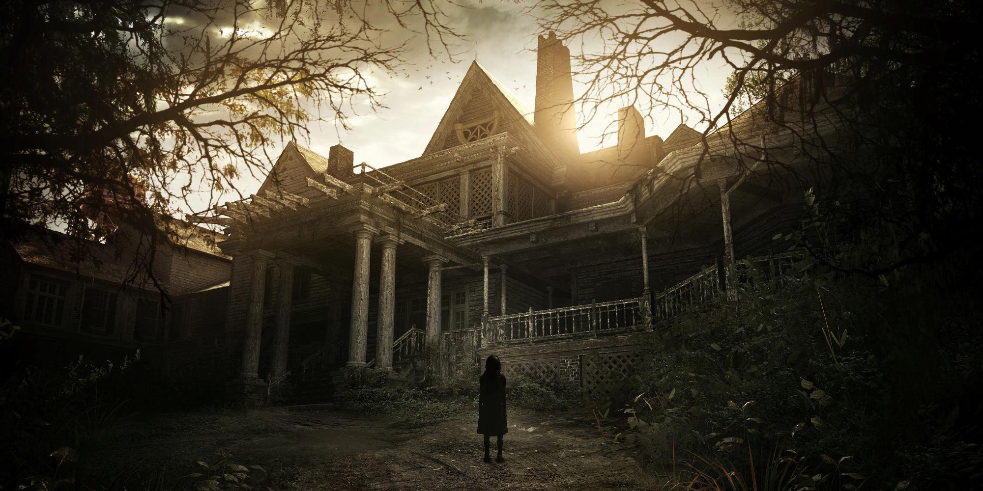 The silhouette of a child stands in front of the Baker house in Resident Evil 7 Biohazard.