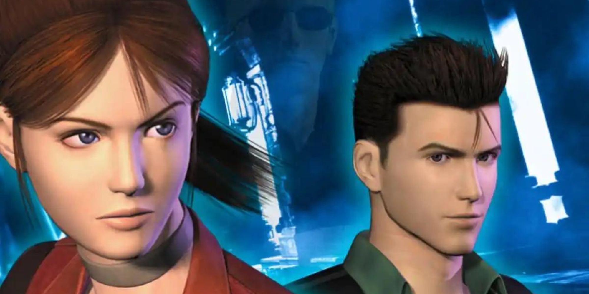 Claire Redfield and Chris Redfield stand between a silhouette of Albert Wesker in Resident Evil Code Veronica.