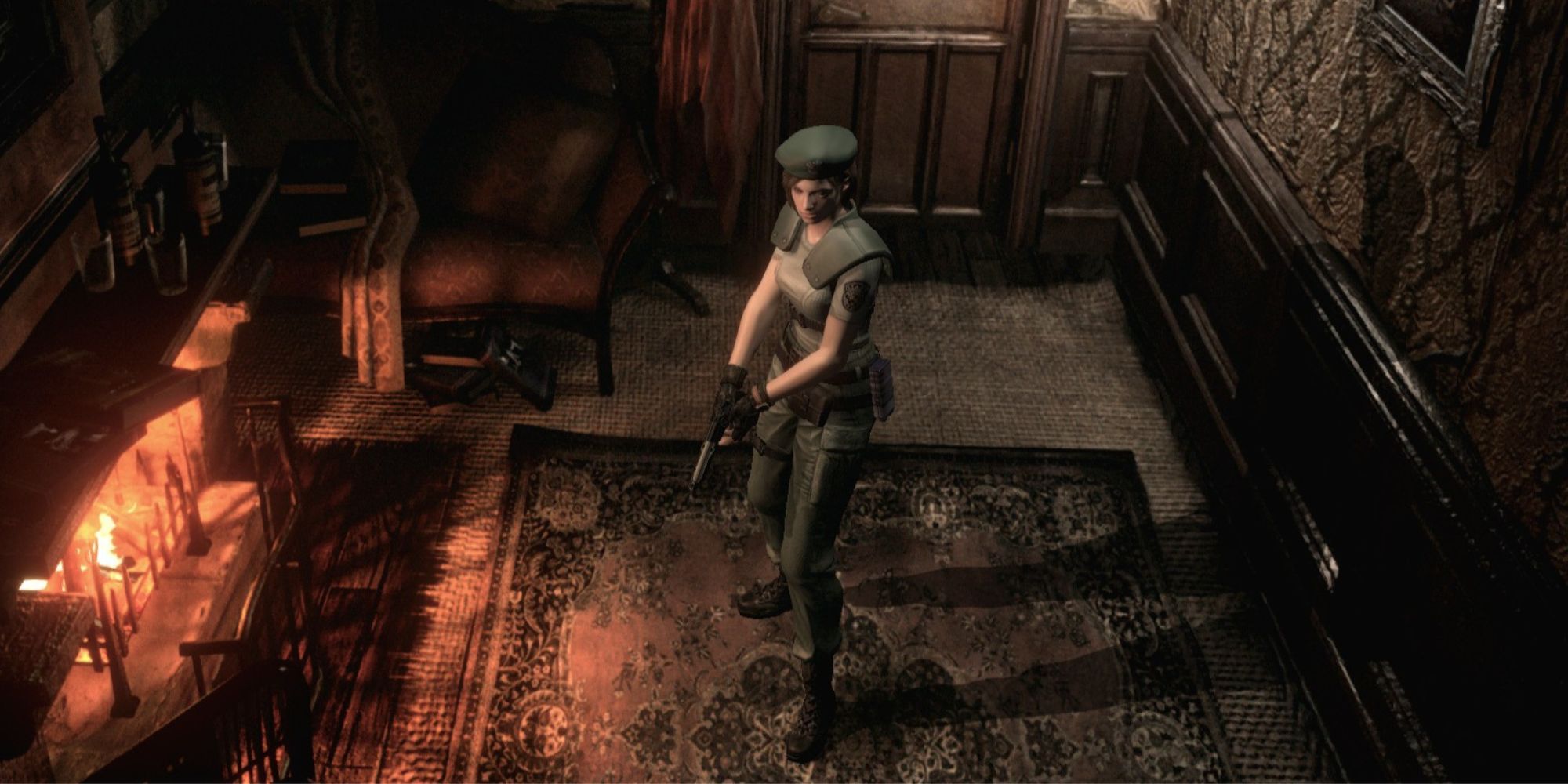 Jill Valentine stands in a room holding a gun in Resident Evil Remake.