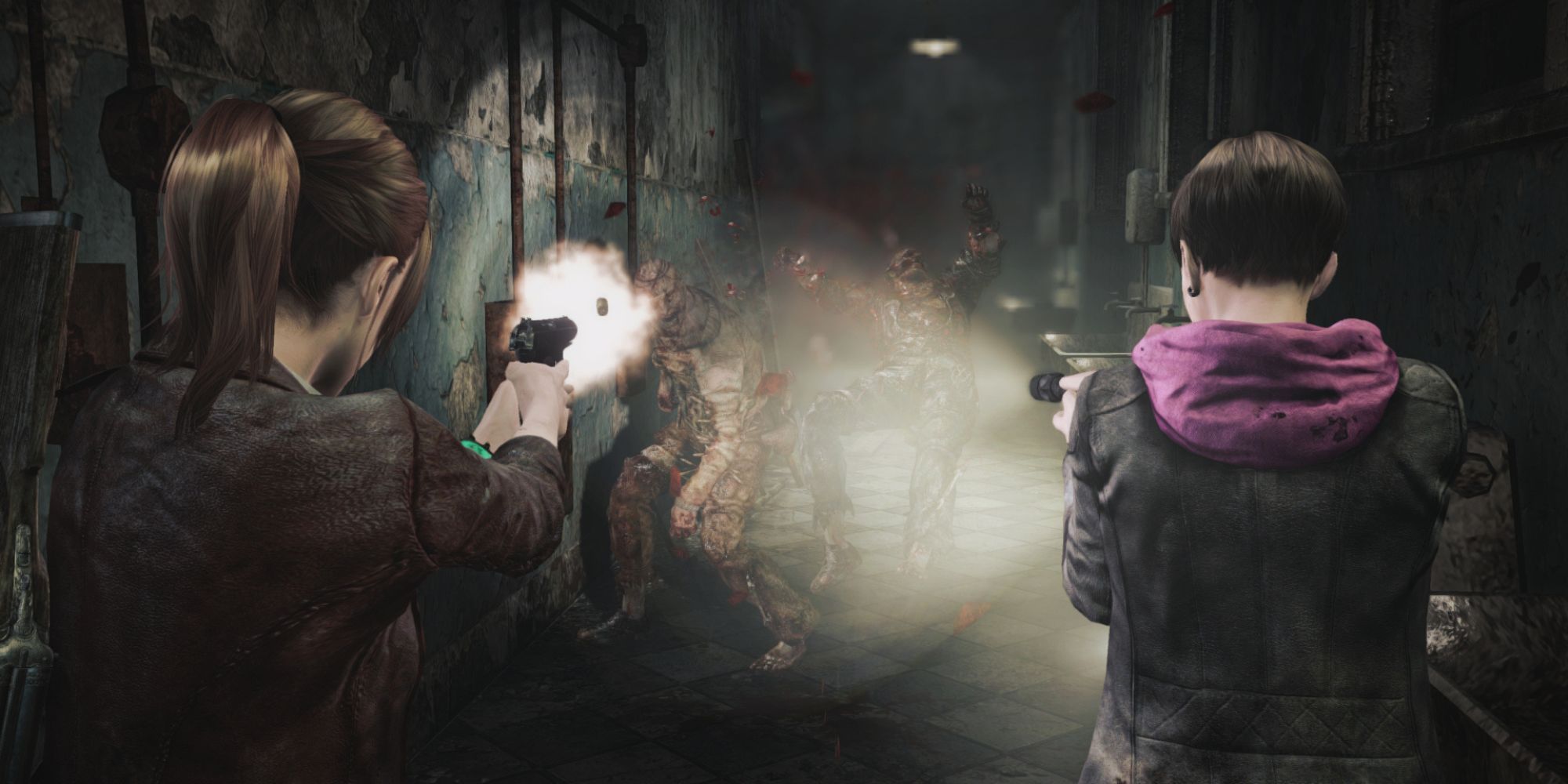 Claire Redfield and Moira Burton shoot enemies in a dark hallway in Resident Evil Revelations 2.