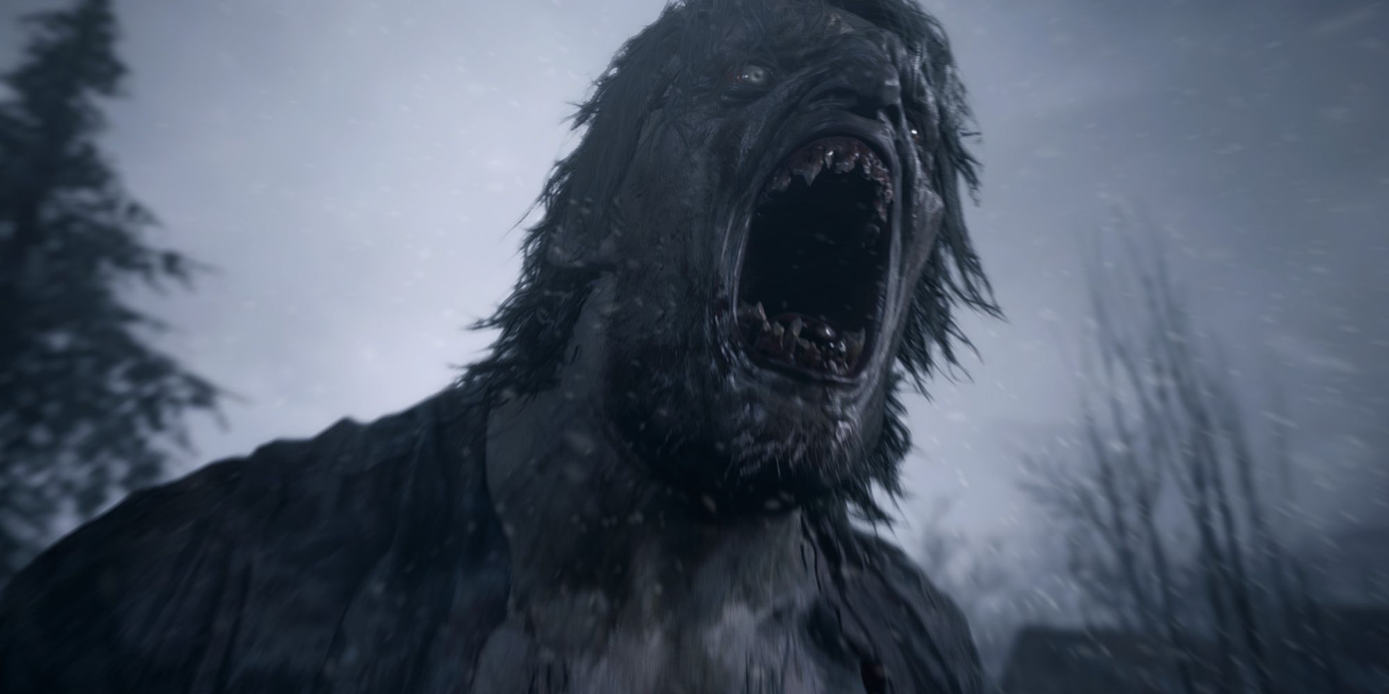 A Lycan roars at the sky during a blizzard in Resident Evil Village.