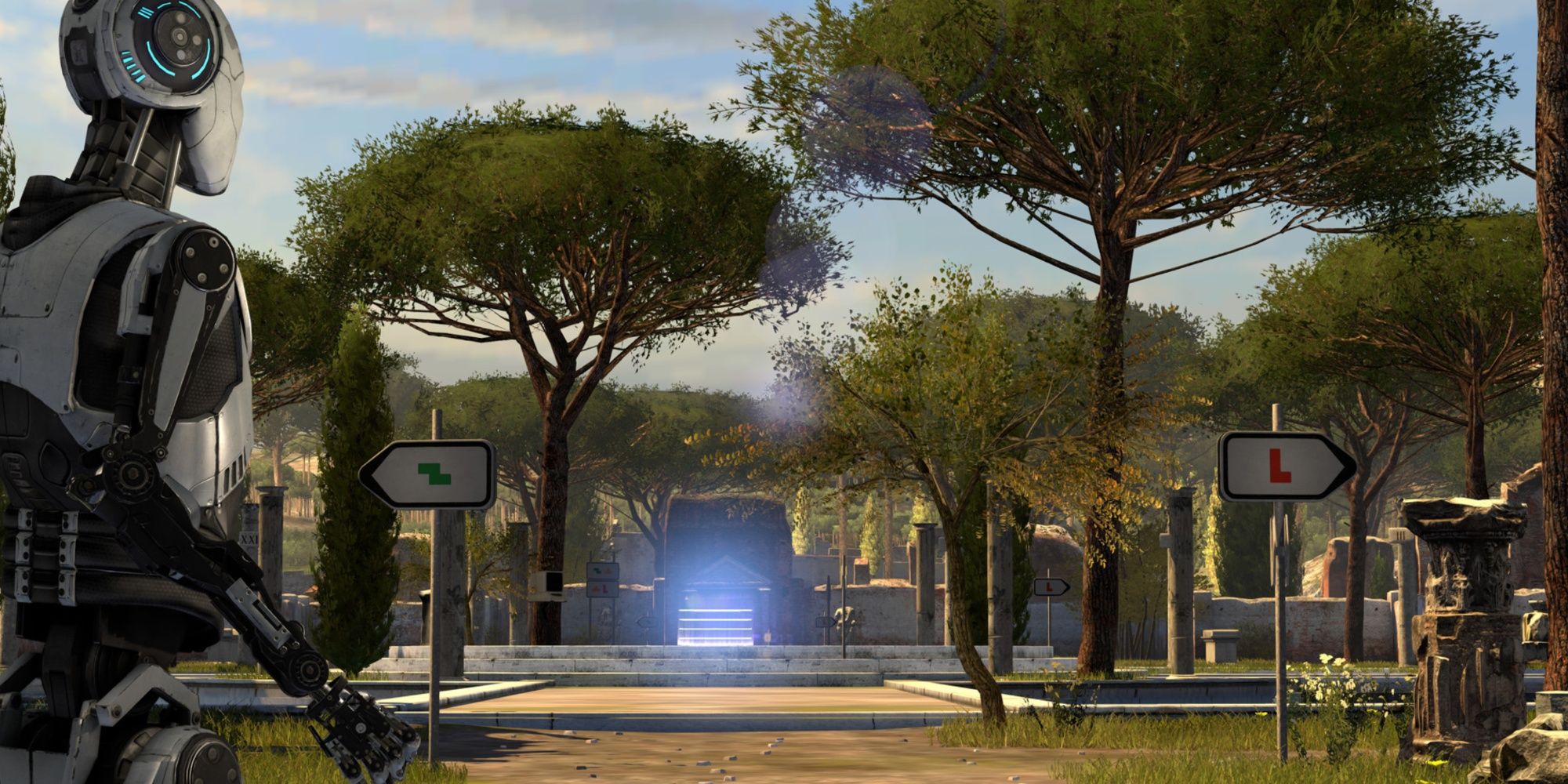 Robot facing two signs with ruins and trees in the background in The Talos Principle