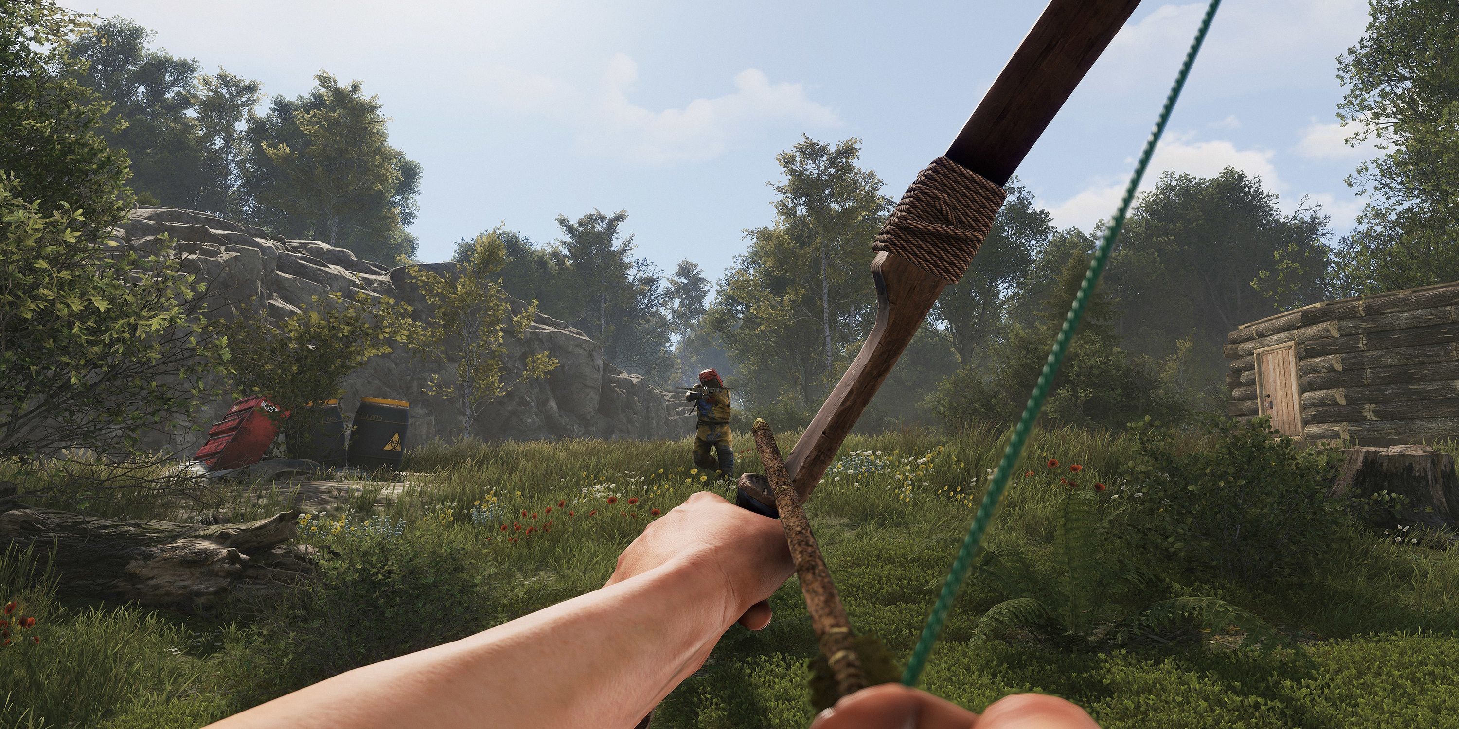 Main character fighting off other player while aiming a bow and arrow in Rust.