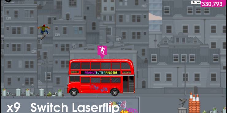 OlliOlli Skater Jumping Over Red Bus In Cityscape