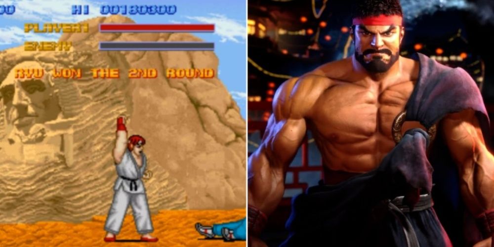 Split image of Ryu's first and newest appearance in Street Fighter.