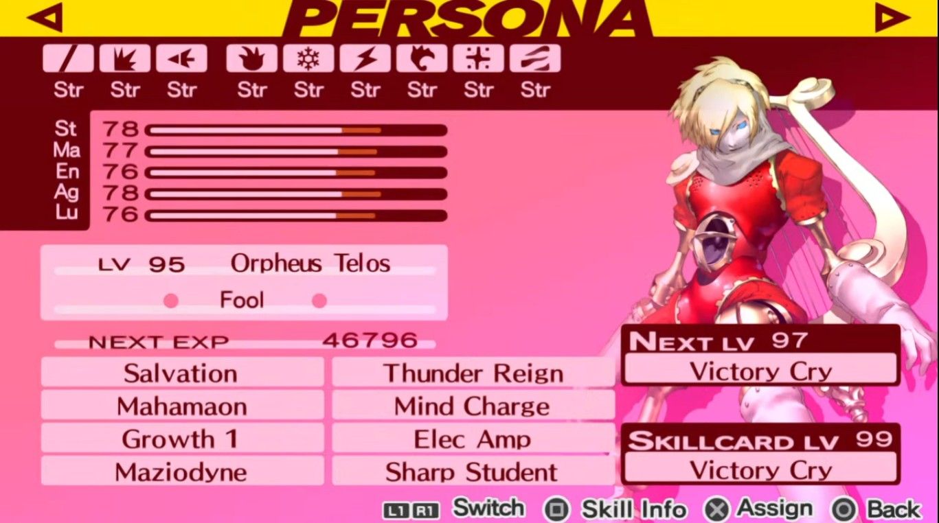 sample persona stat screen showing one possible build for orpheus telos at lv. 95 for the female protagonist in persona 3 portable