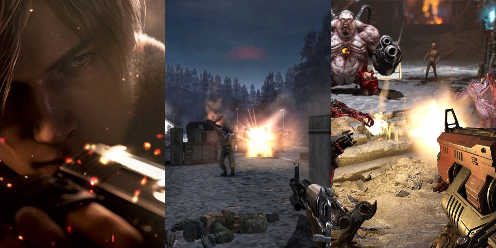 Leon aiming his handgun amidst embers, battle on a bridge in Black, attacking multiple demons in Doom, left to right