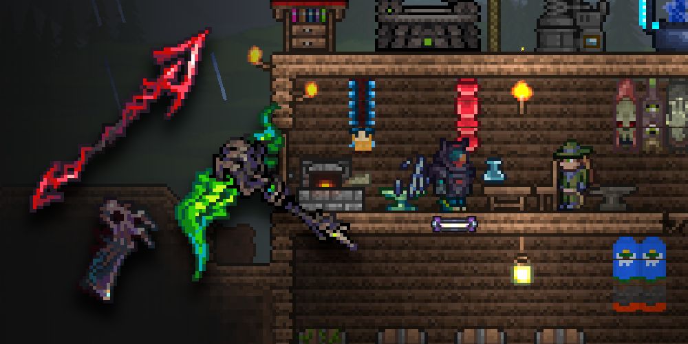 Scarlet Devil, Sheath, And Grave Grimreaver over Terraria World, as well as Rogue NPC and Titan Heart Armor