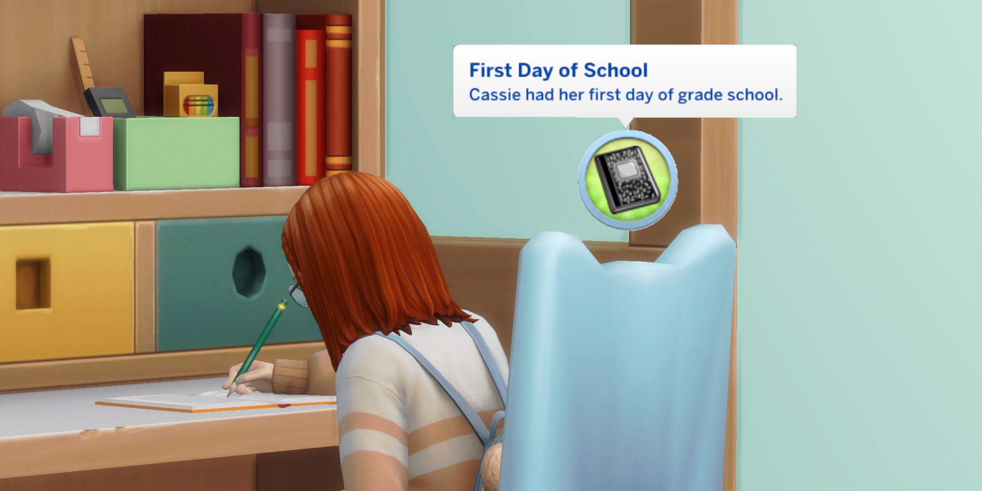 A child sim does homework at her desk. A text bubble saying "First Day of School" is next to her.