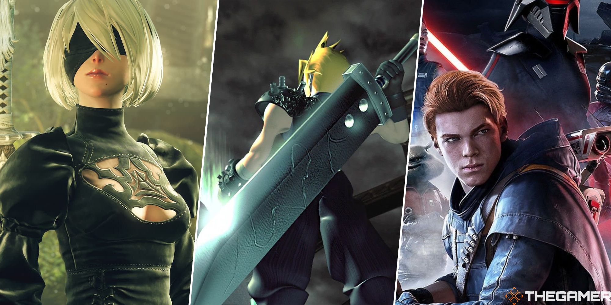 nier automata 2b, final fantasy 7 cloud, and star wars jedi fallen order cal kestis split image