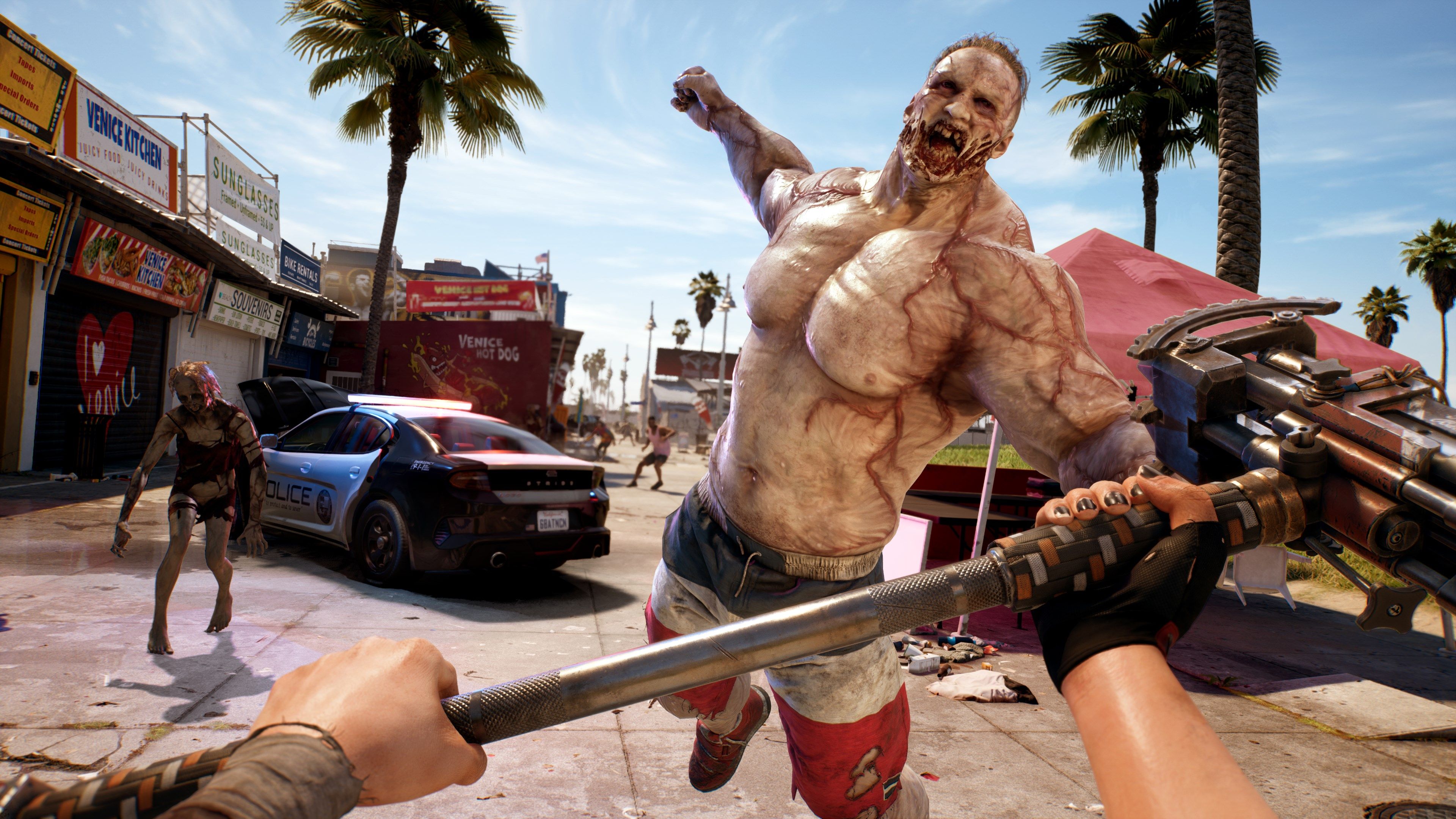Dead Island 2 Large zombie jumping punch at player holding a sledgehammer