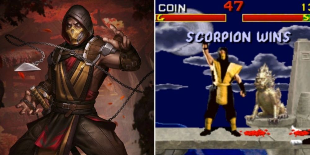 Split image of Scorpion's first and newest appearance in Mortal Kombat.