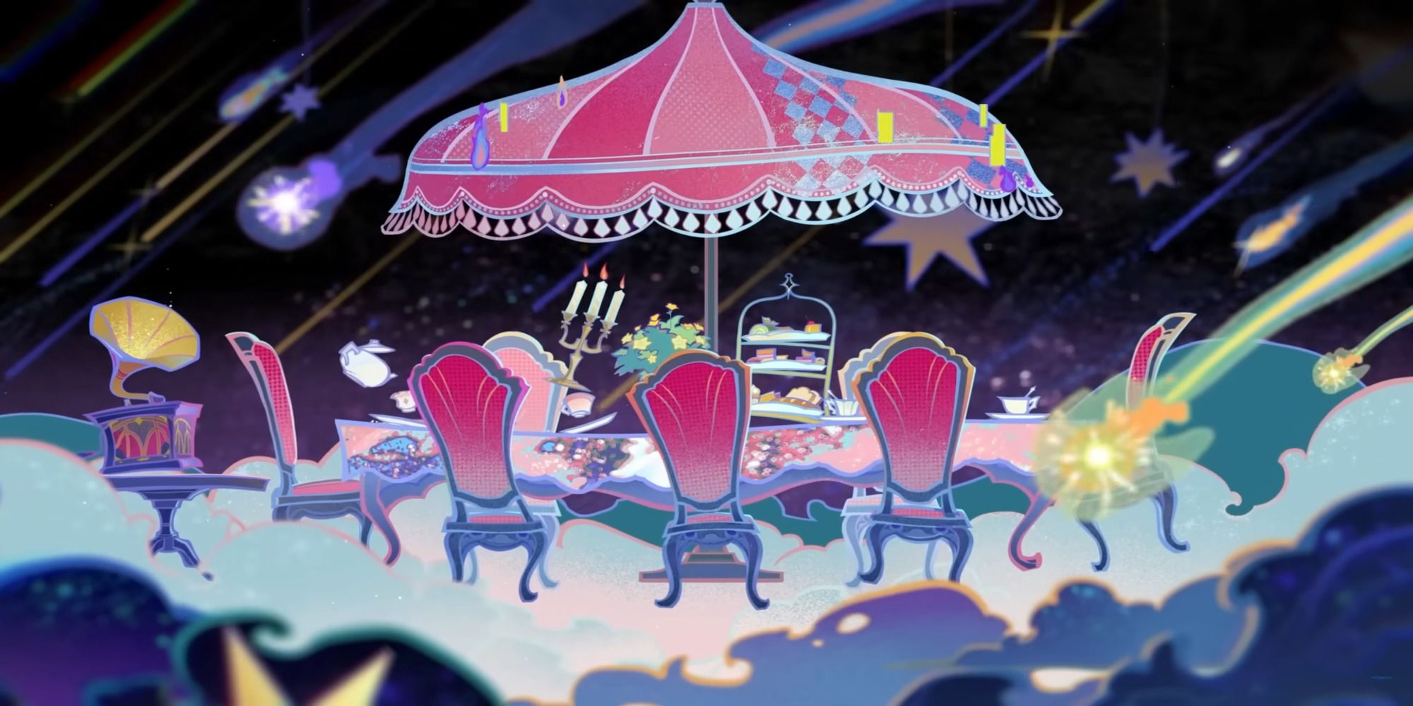 A fantasy big table with several charis, and umbrella, food, candles, and a jukebox floating on a cloud.