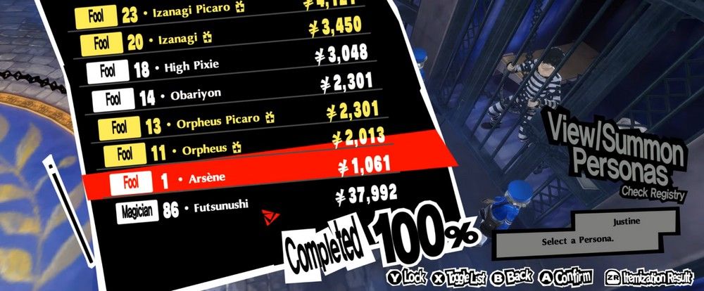 screenshot of the compendium in the velvet room in persona 5 royal with joker in the background in his cell