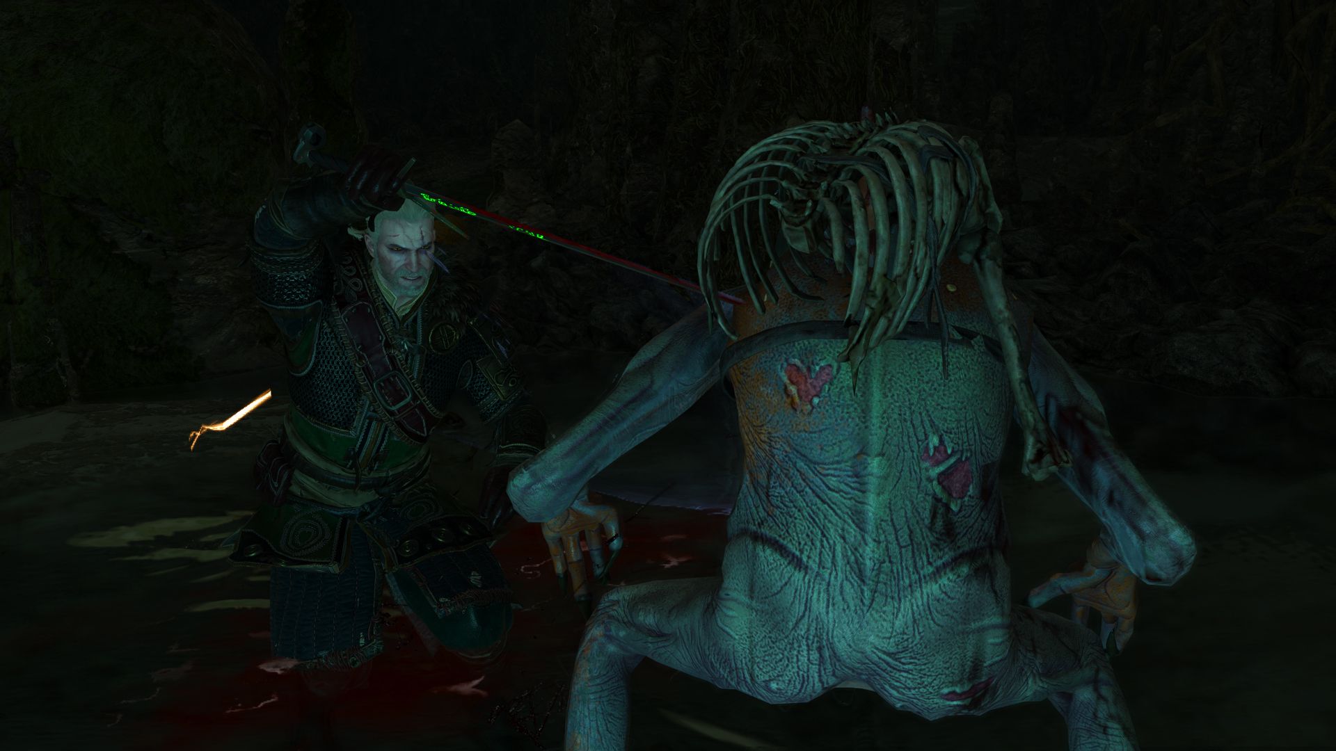 Geralt slashes at a blue-skinned water hag in a dark, flooded cave.