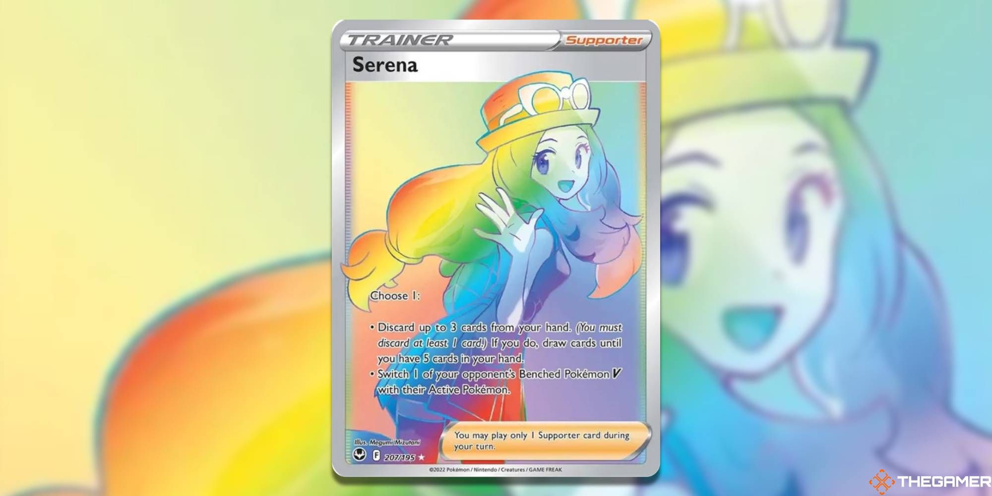 Serena Rainbow Rare from Pokemon TCG with blurred background