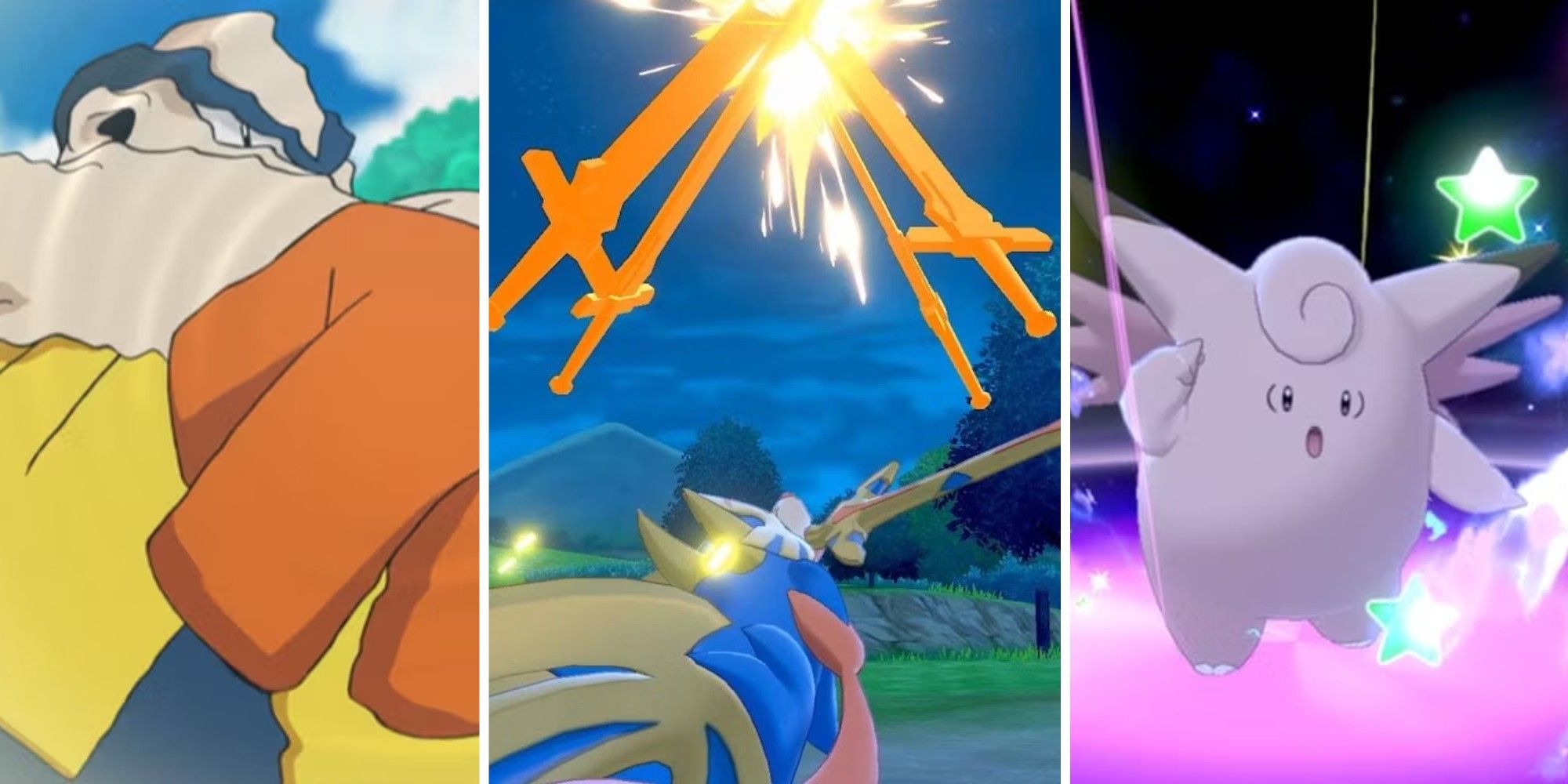 Collage image of Hariyama, Zacian, and Clefable of the Pokemon series