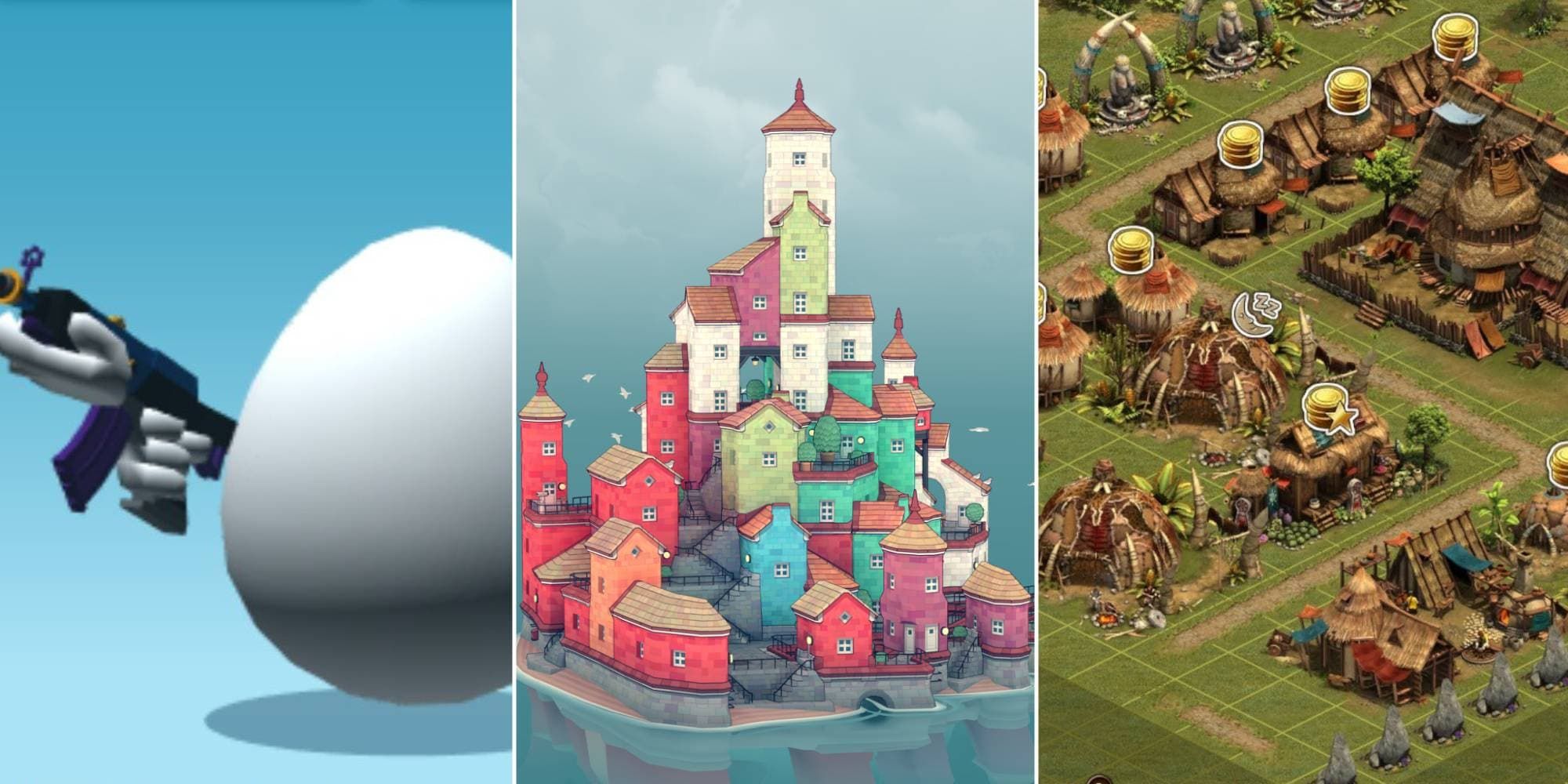 An Egg holds a gun in Shell Shockers, a small town sits on the sea in Townscaper, and a village begins to thrive in Forge of Empires.