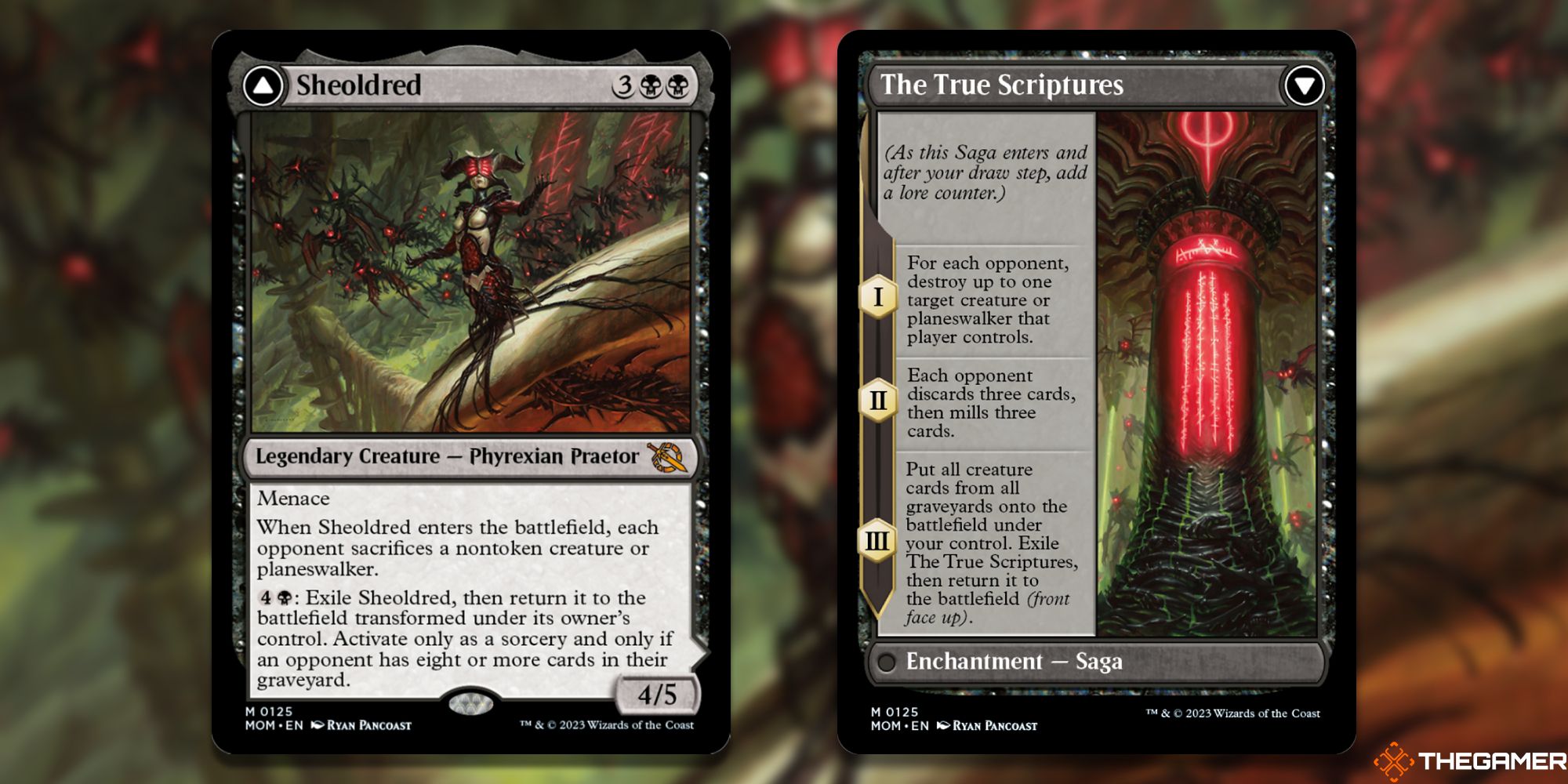 Sheoldred/The True Bible cards and artwork from Magic The Gathering.
