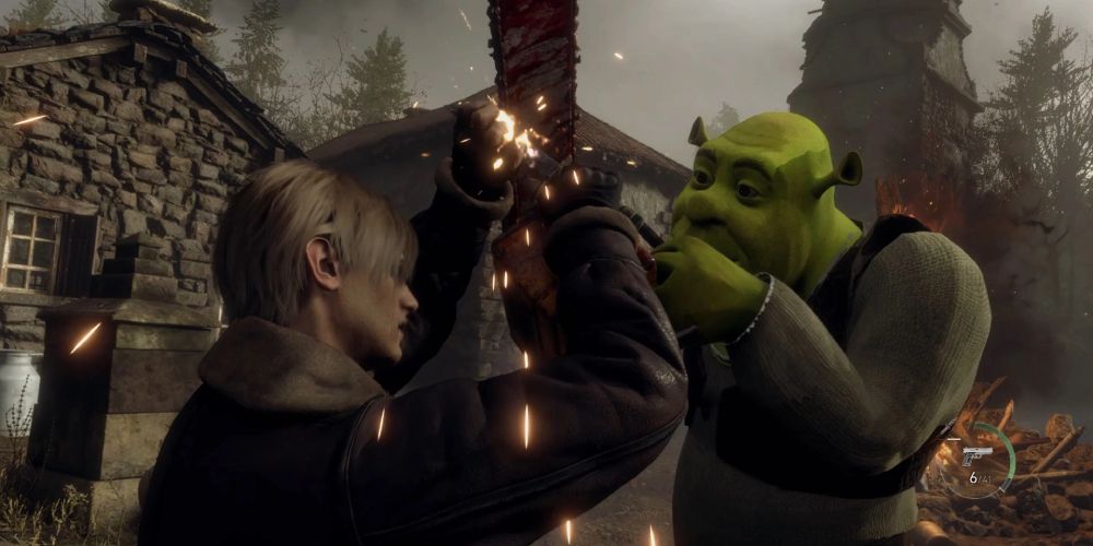 Image has Leon fighting a chainsaw wielding Shrek