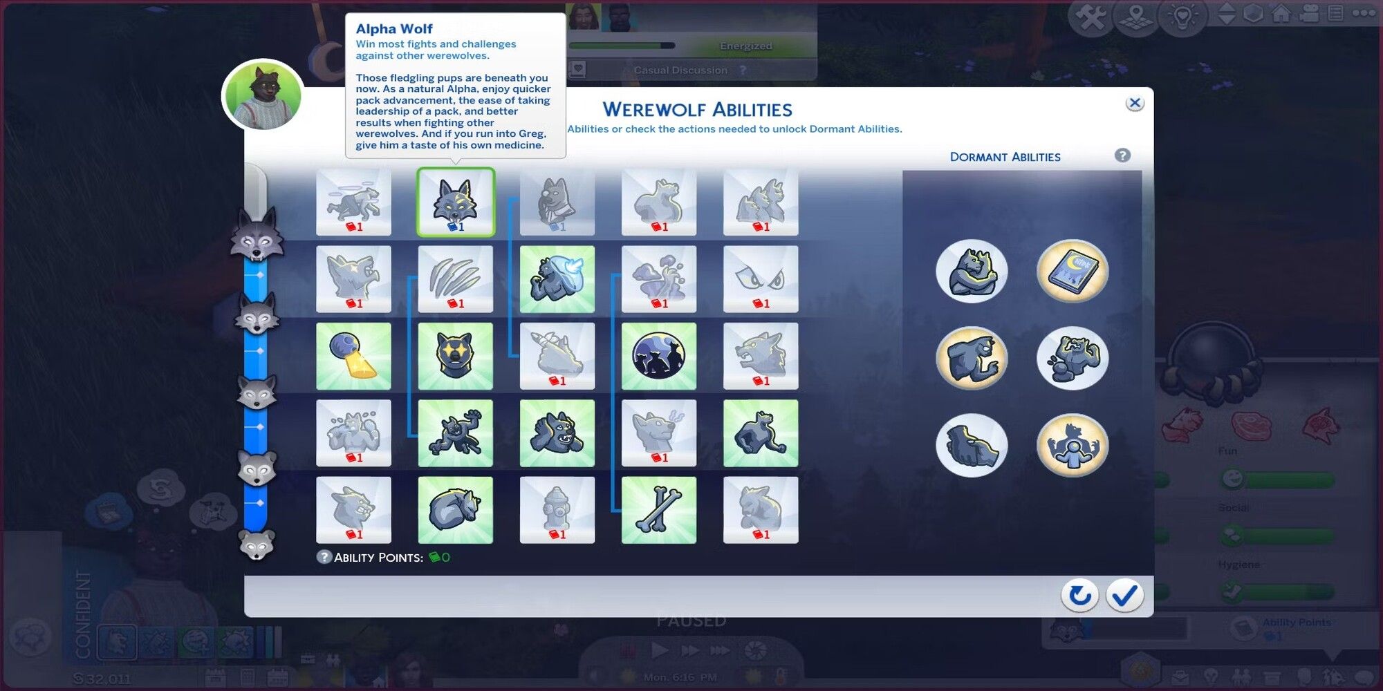 All werewolf abilities in the skills tree in The Sims 4