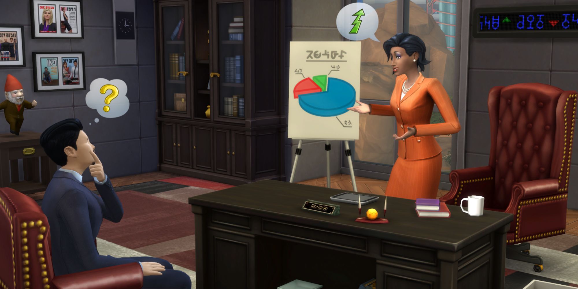 Sims 4 base game sim explaining presentation in a meeting