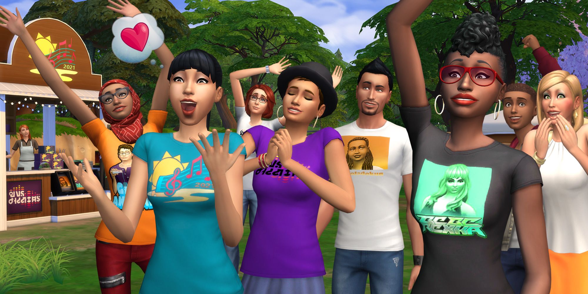 Sims 4 crowd of sims at a festival cheering