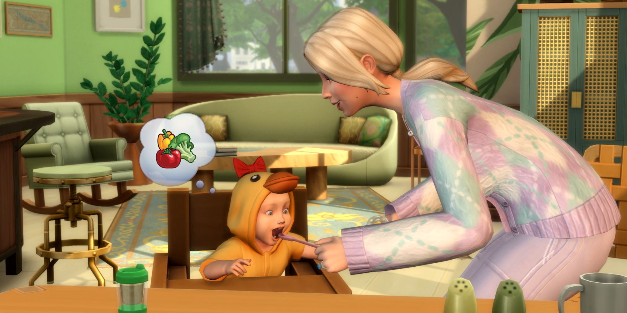 Sims 4 Growing Together parent feeding an infant in a high chair