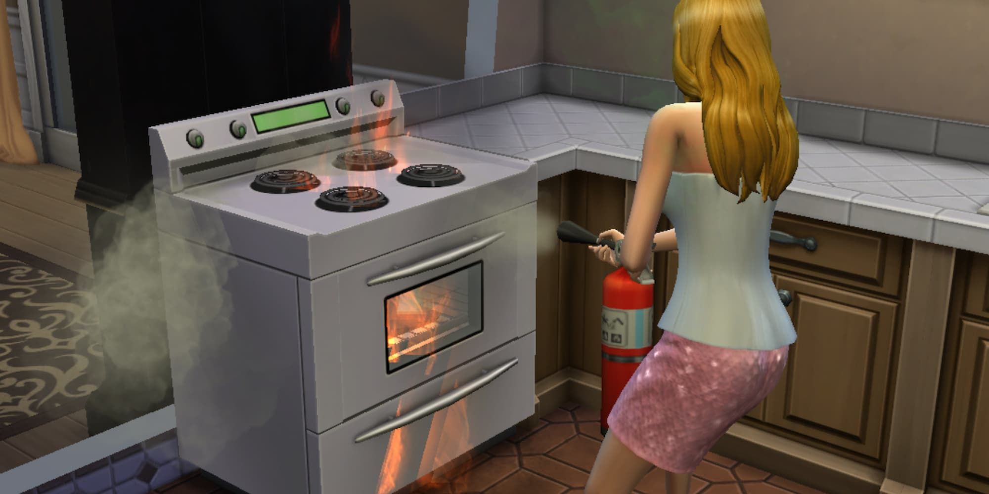 A Sim trying to extinguish an oven with a fire extinguisher in The Sims 4.