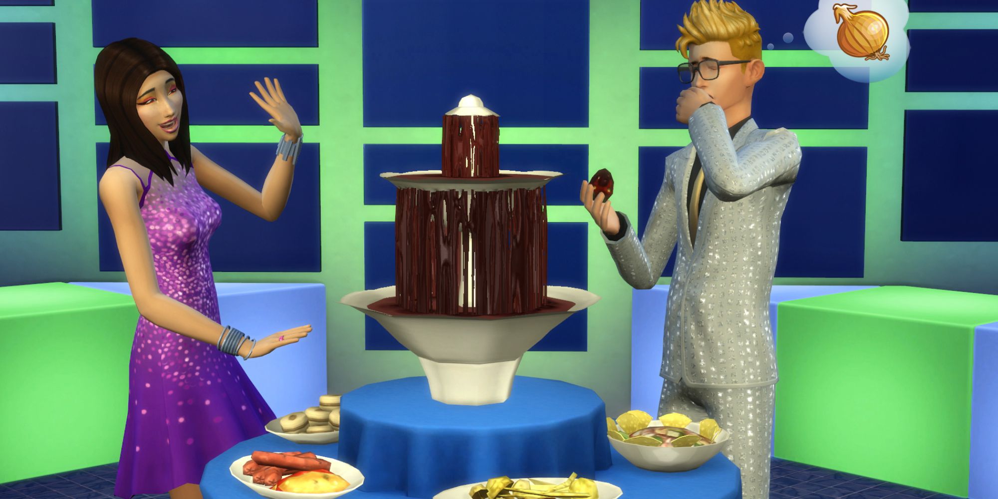 Sims 4 luxury party sims one holding a hand up as if to say no