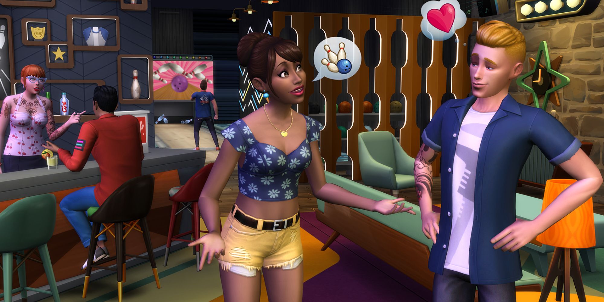 Sims 4 sims in a bowling alley chatting about the sport
