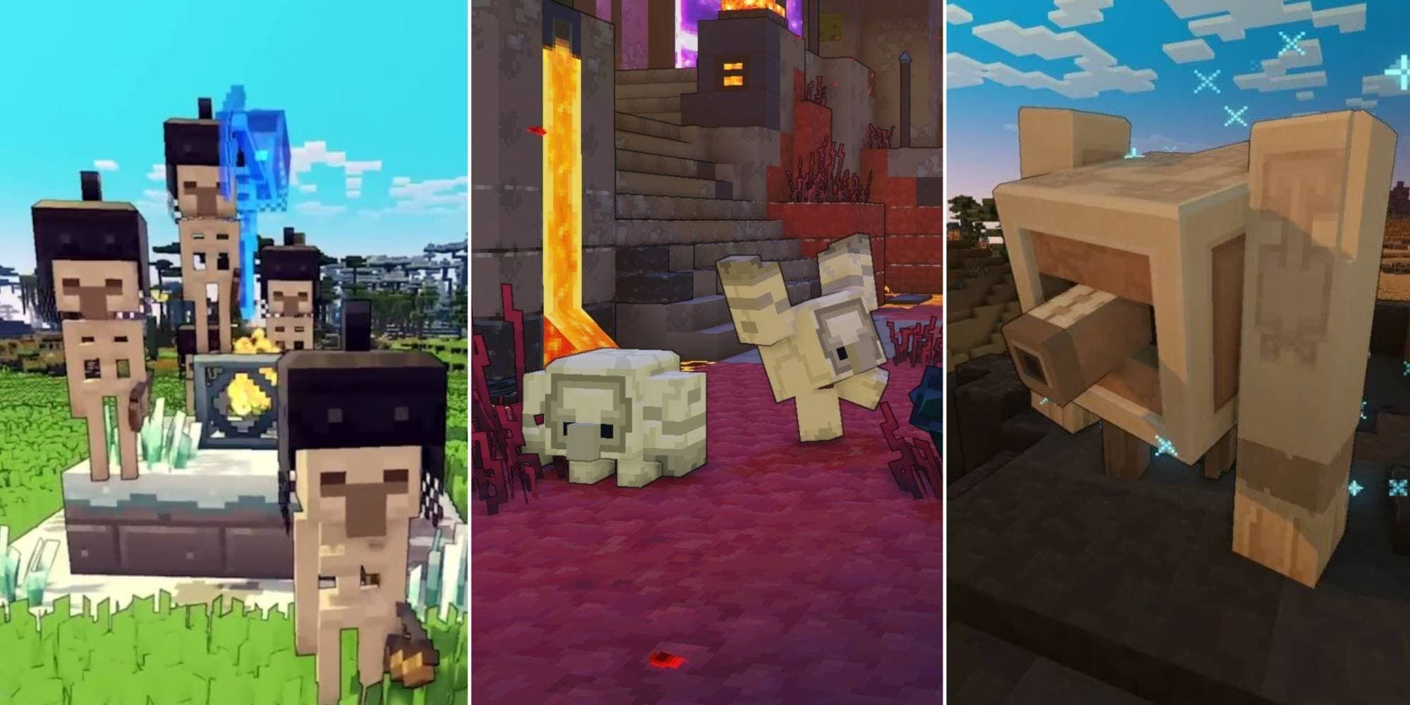 Skeletons are ready to be commander, Cobblestone Golems attack an outpost, and the First of Oak looks down from a hill in Minecraft Legends.