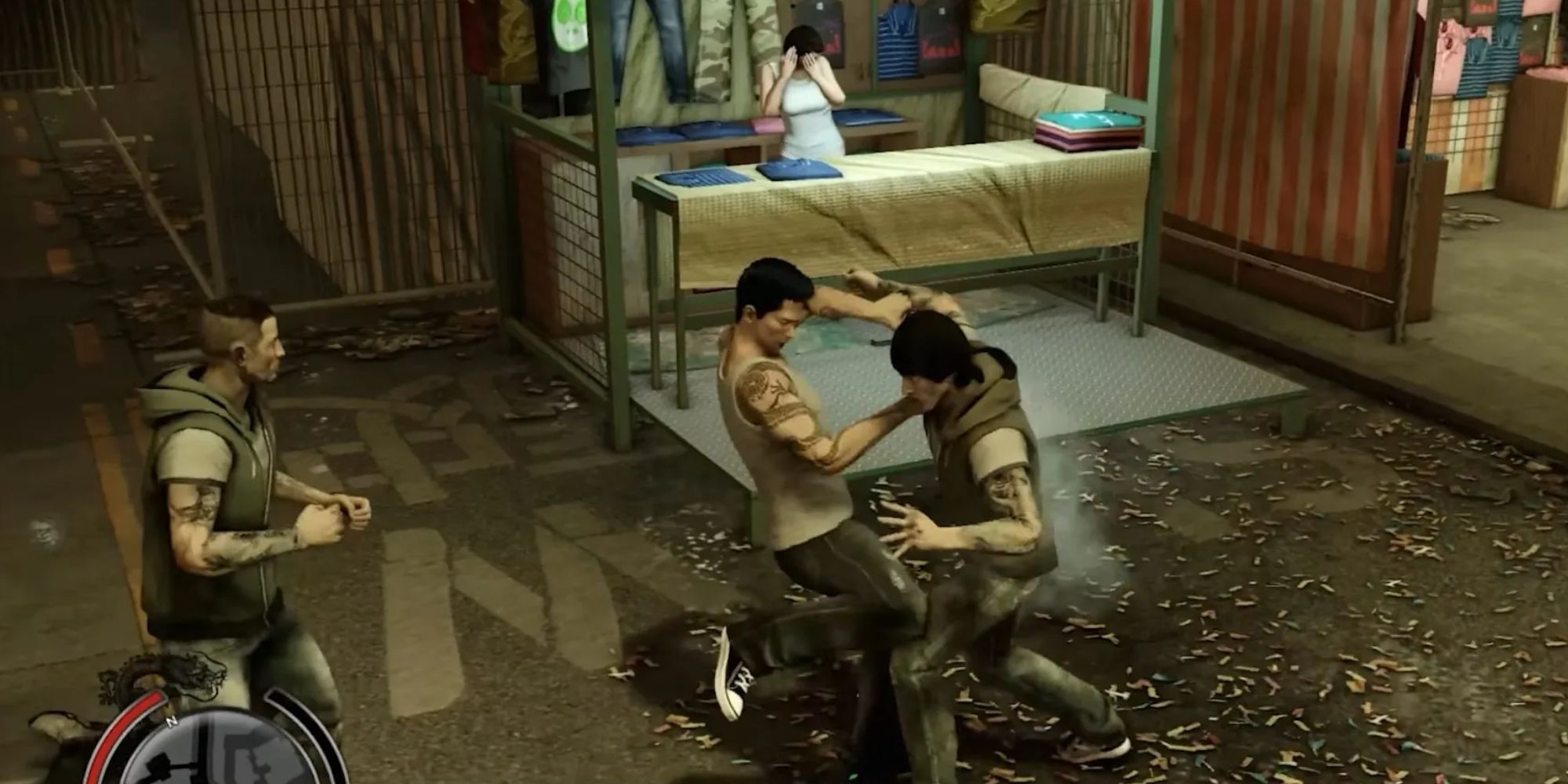 Sleeping Dogs Wei in combat as a woman covers her head on a bed in the corner